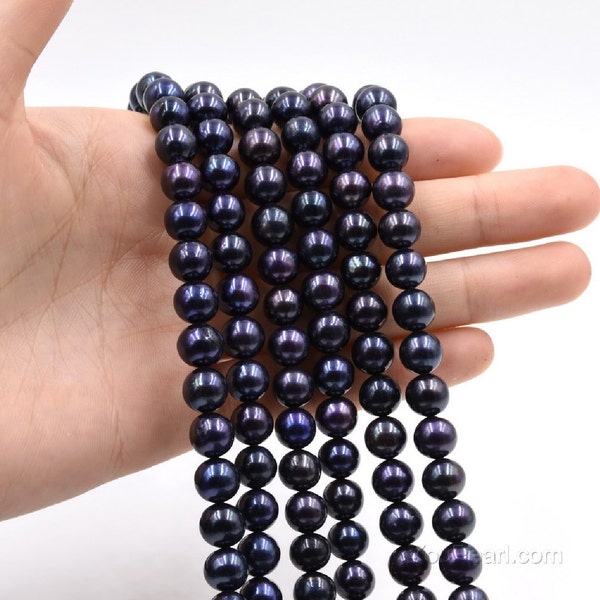 Perles noires, 8-9 mm de diamètre sur rang de perles, véritable perle d'eau douce naturelle, perles de culture, grand trou disponible, FR590-BS