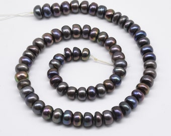 7-8mm black pearls, button pearl beads, natural freshwater loose pearl bead, full string, rondelle button real pearl wholesale, FB500-BS