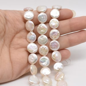 White coin pearls, 11-12mm freshwater pearl beads, disk shape smooth coin shape pearl, natural pearl coin bead, high luster quality FC350-WS