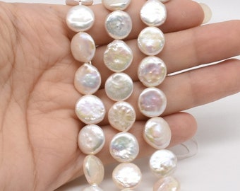 White coin pearls, 11-12mm freshwater pearl beads, disk shape smooth coin shape pearl, natural pearl coin bead, high luster quality FC350-WS