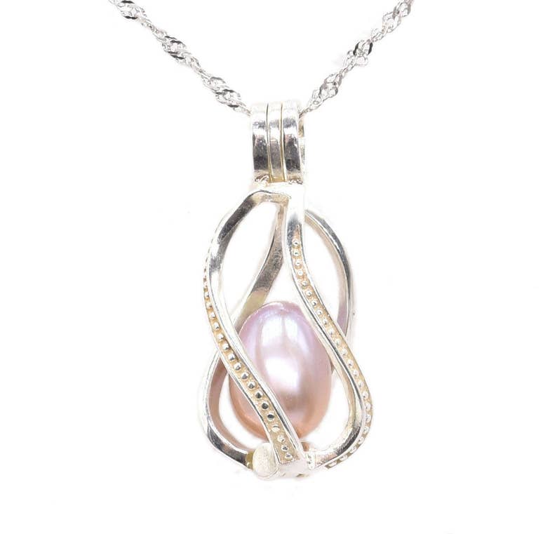 925 sterling silver pearl pendant, white freshwater pearls, helix cage pearl pendant, genuine pearl pendant for necklace,7-8mm, F2241-P Lavender