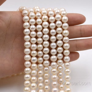 7mm white round pearl loose beads, genuine freshwater pearl beads, real cultured pearl bead, full strand, FR400-WS