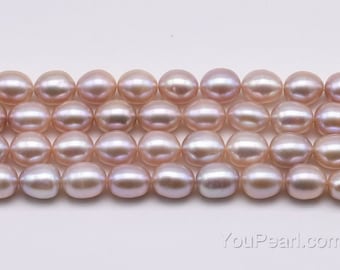 AA lavender oval pearls, 7-8mm cultured freshwater pearls, genuine rice pearl beads, natural loose pearl string, fine pearl beads, FM560-XS