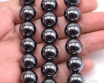 Perles d’hématite 2mm 3mm 4mm 6mm 8mm 10mm 12mm, pierre précieuse d’hématite lisse de forme ronde, perles de pierre précieuse naturelle, brin de pierre précieuse noire, HMT20X0