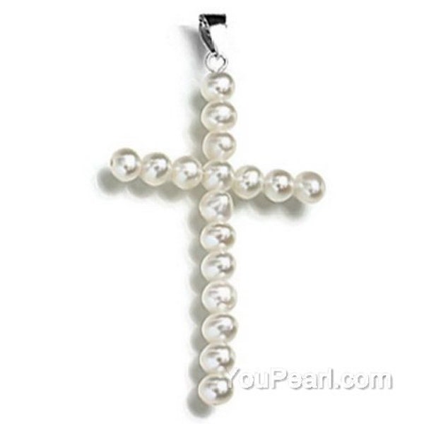 Pearl Cross Pendant, White Pearl Pendant, Quality AA+ Grade Freshwater Pearl, Sterling 925 Silver, Genuine Pearl Charm Necklace, F2550-WP