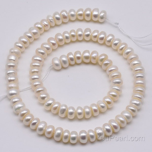 7-8mm button pearls, rondelle pearl natural white freshwater pearl wholesale, loose button pearl beads, fine pearl jewelry supply, FB500-XS