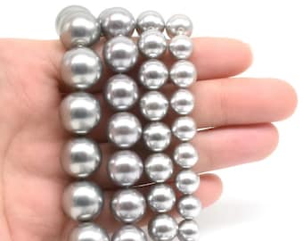 Perles de coquillages ronds gris clair, 4mm 6mm 8mm 10mm 12mm 14mm Perles de nacre grises lâches de qualité A, perles de brin de perle de coquillage lisse, SPR-AS2