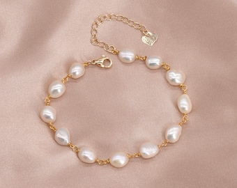 Pulsera de perlas barrocas auténticas, pulsera de perlas de pepitas reales, pulsera de dama de honor con perlas de agua dulce, pulsera de perlas delicadas F3560-WXB