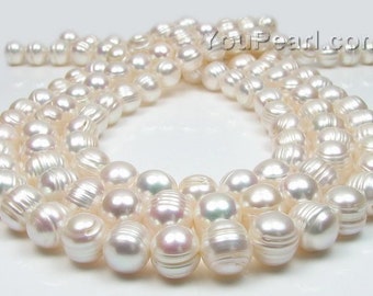 Large hole pearls, white freshwater pearl, available up to 2.5mm hole loose pearl beads, baroque ringed, 10-11mm, lustrous pearls, FQ800-XS