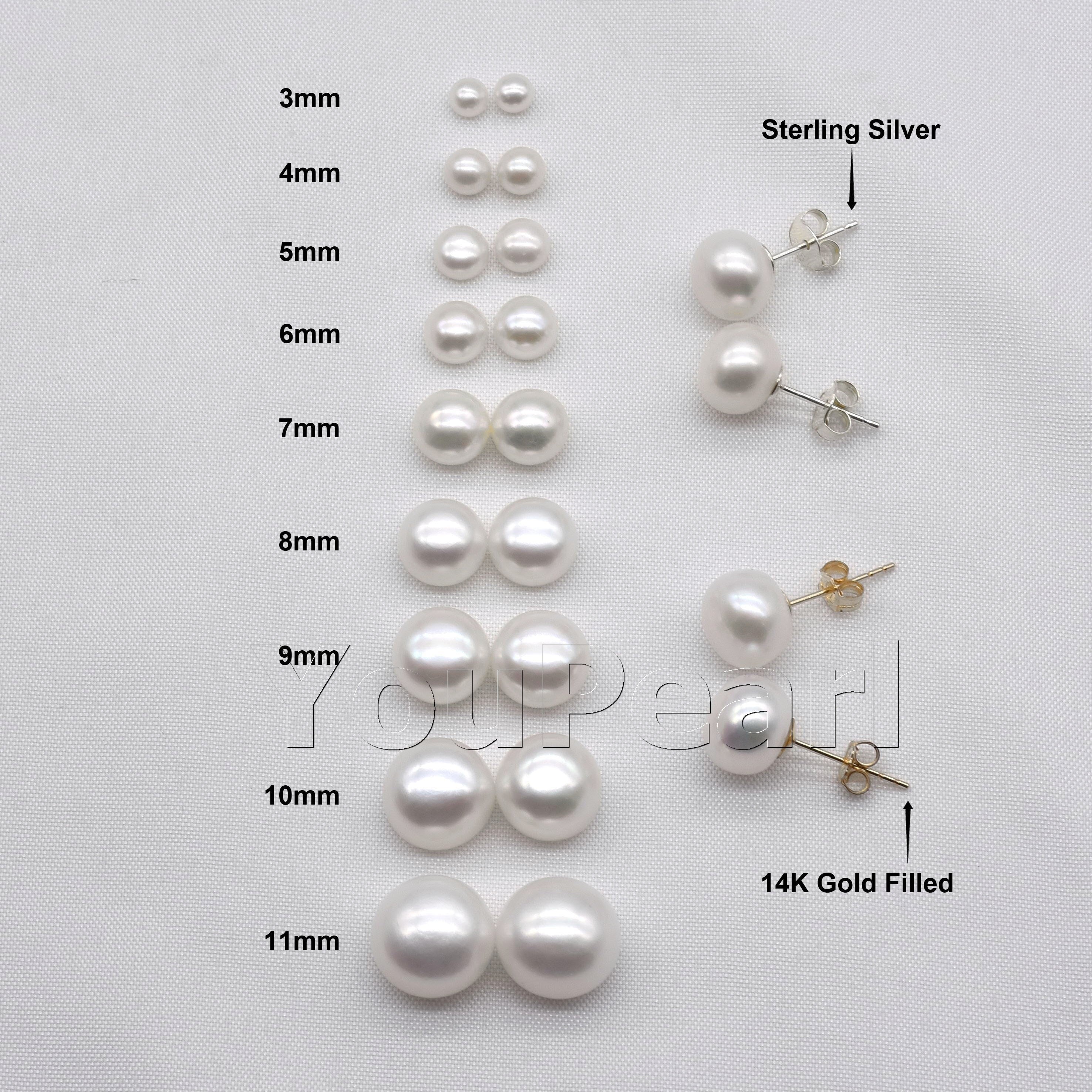 Pearl Stud Earrings, 14K Gold Filled | Sterling Silver, Freshwater Tiny to Large AA+ 3mm 4mm 5mm 6mm 7mm 8mm 9mm 10mm 11mm Classic Earrings