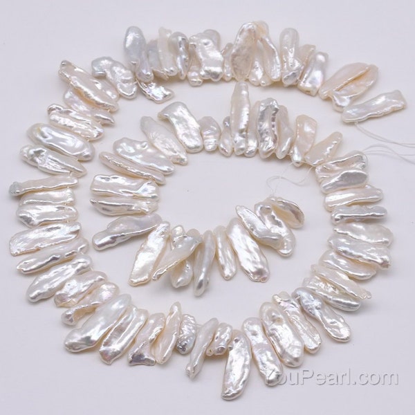 Perles Biwa, perle percée blanche, véritable perle d'eau douce naturelle, perles nacrées brillantes irrégulières, chaîne de perles véritables en vente, FW520-XS