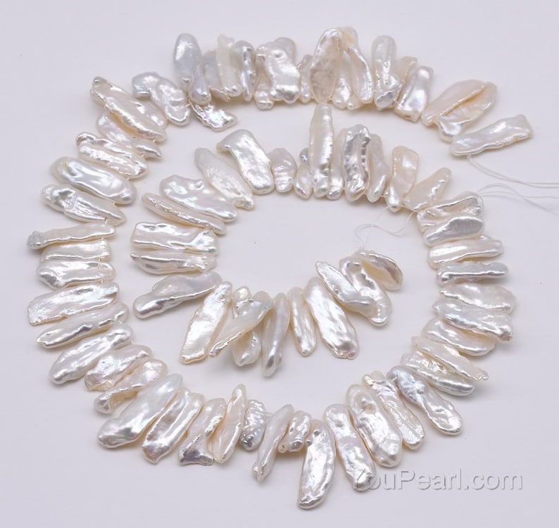 Biwa pearls, white top drilled pearl, genuine natural freshwater pearl, irregular lustrous pearl beads, real pearl string on sale, FW520-XS image 1