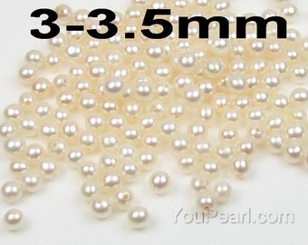 AA+ ラウンドルースパール、3-3.5 mm ホワイトナチュラルパールビーズ、光沢のある本物の淡水パール、ハーフドリルホールパール、セール中、FLR3035-W