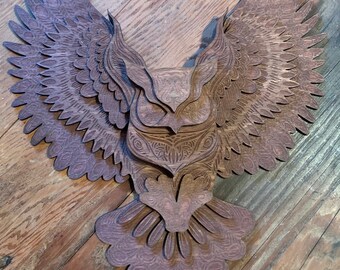 Rustic Multi layered Owl, laser cut and engraved owl, multi dimensional wood stained owl