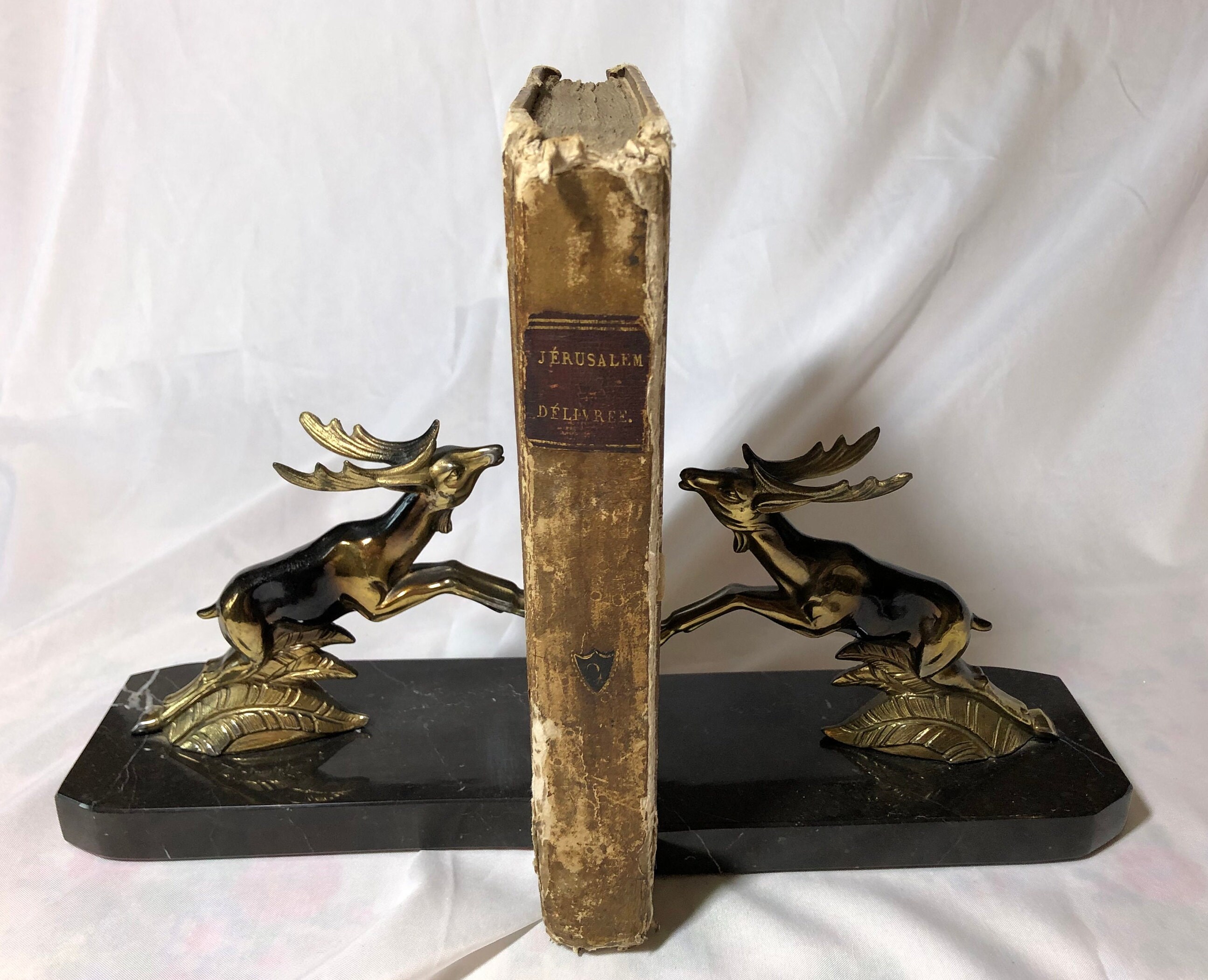 Vintage Français Heavy Marble Bronzed Spelter Leaping Stag Deer Bookends C1930S