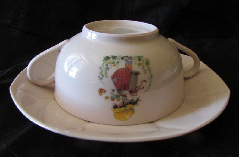 Beautiful Vintage French Holly Hobbie Limoges Porcelain Nursery Baby Pink Child/'s cup bowl and Saucer