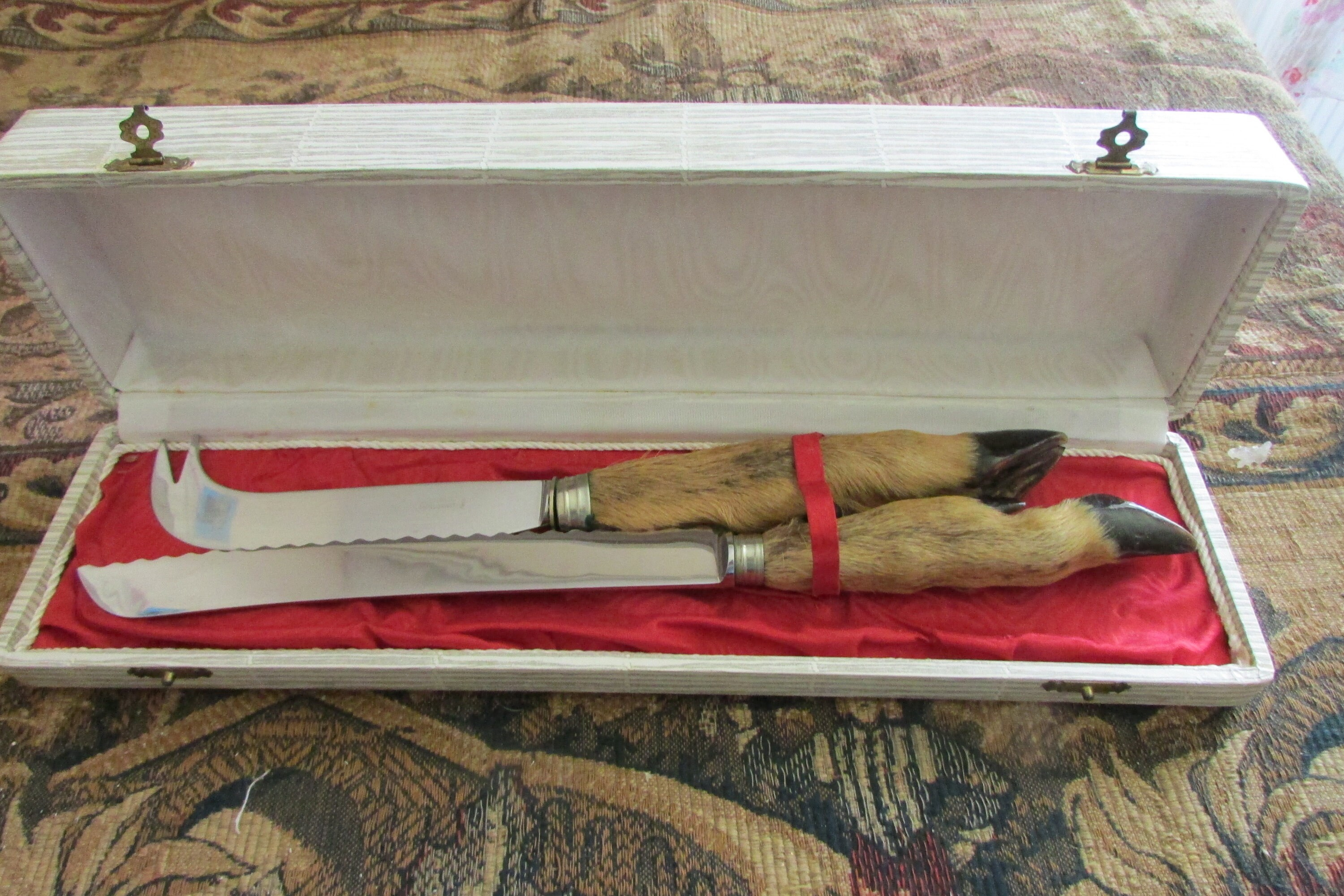 Original Vintage Français Cerf Sabot Taxidermie Boxed Viande Carving Set C1950S Exc Con