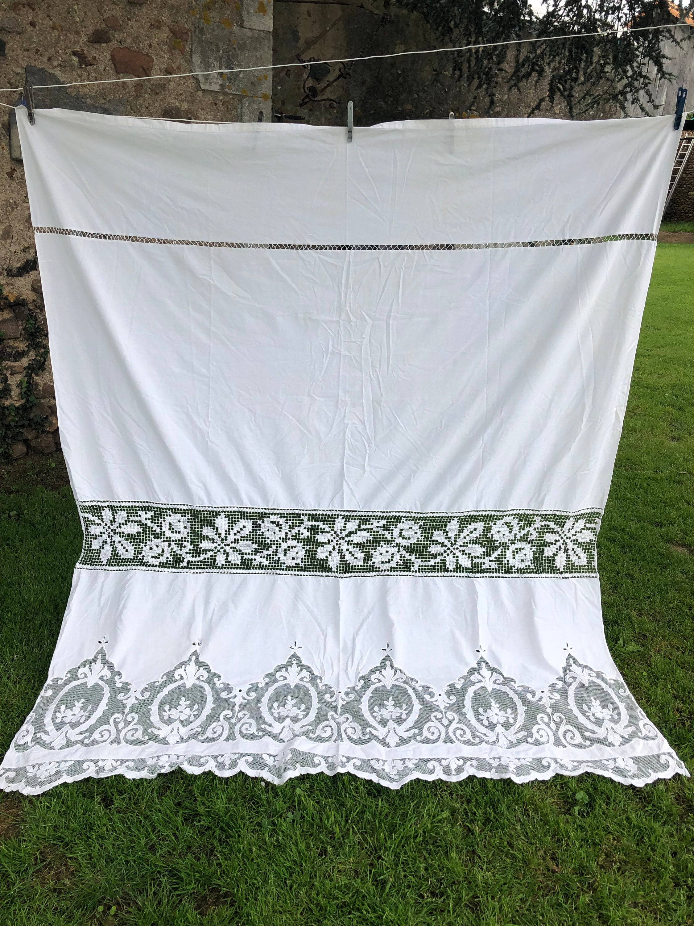 Énorme Antique Français Guipre et Crochet de Dentelle Coton Rideau C1910