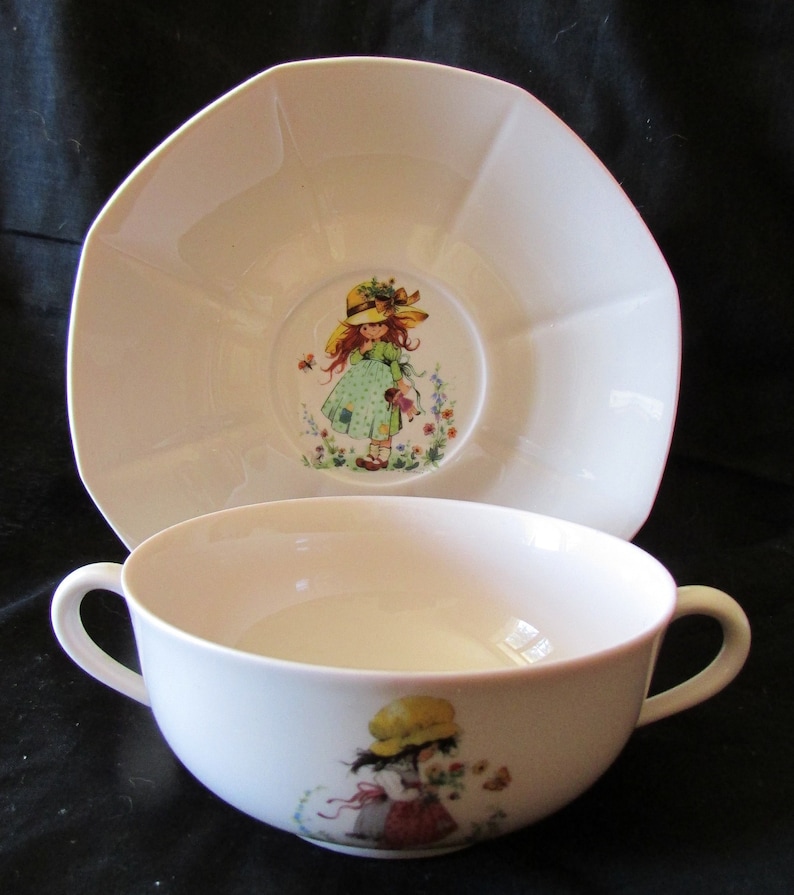Beautiful Vintage French Holly Hobbie Limoges Porcelain Nursery Baby Pink Child/'s cup bowl and Saucer