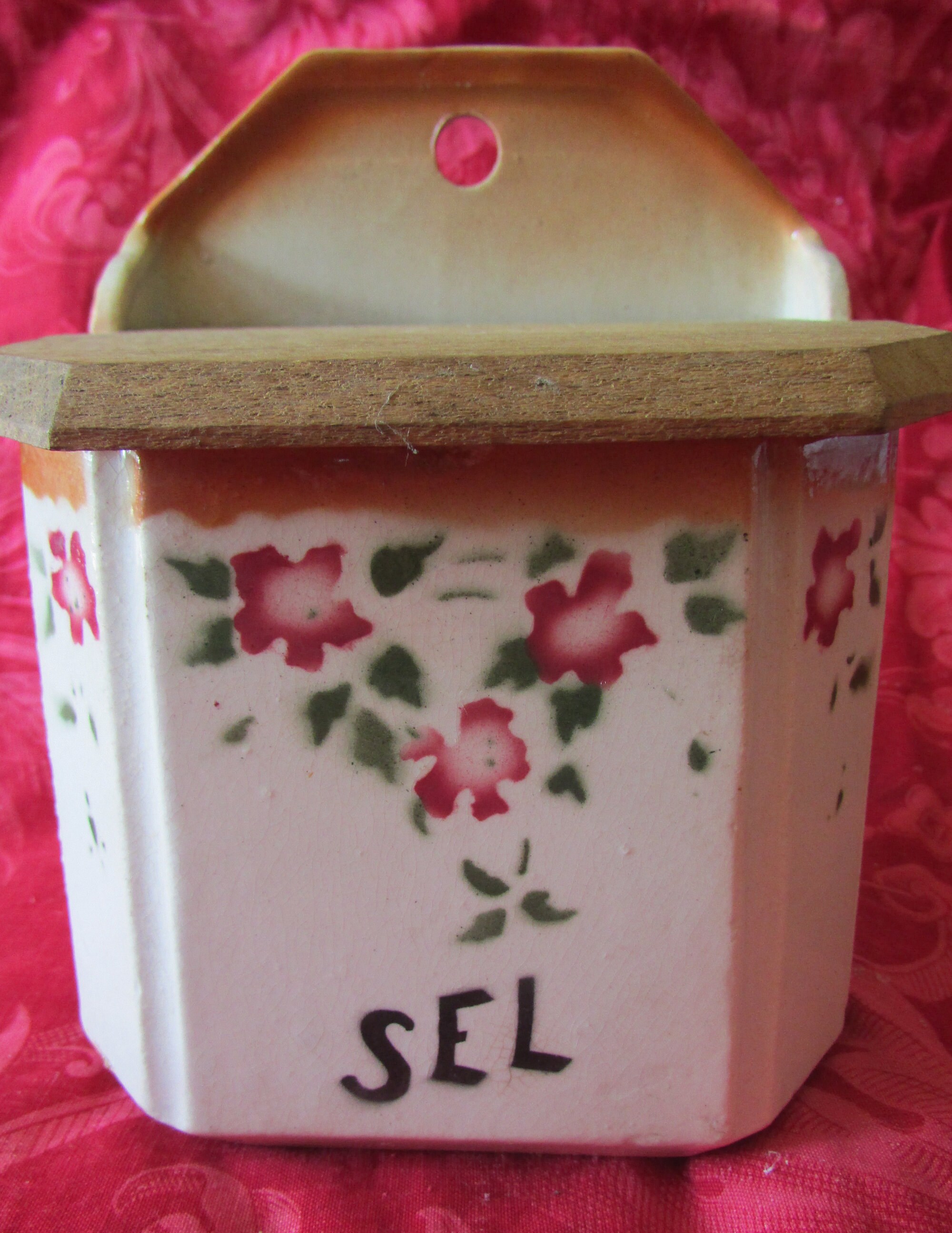 Fabuleux Vintage Français en Céramique Art Déco Murale de Sel Sel Pot Conteneur Oranges et Bleus C19