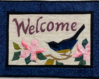 Quilted Wall Hanging: Welcome Bird & Flowers, Batik Cotton Art