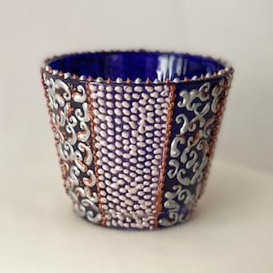CELESTE Glass Candle Holder - Hand Painted Blue, Silver, Pearl and Copper