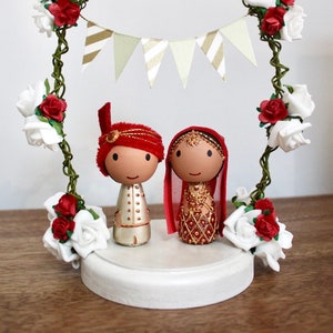 KAJOL Readymade Desi/Pakistani/Indian/Muslim/Hindu/Asian/Ethnic/Sikh Kokeshi Peg Doll Wedding Cake topper with arch, Bride and Groom