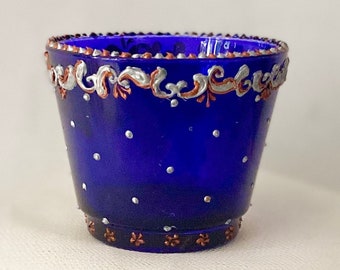 CARRIE Glass Candle Holder - Hand Painted Blue, Silver, Pearl and Copper