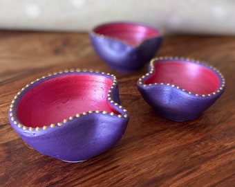 DIYA Tealight Set of 3 - Ceramic Purple pink gold - Wedding/Christmas/Eid/Diwali decor/gift - Hand Painted