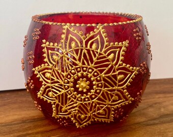MADEE Candle Holder - Hand Painted Red & Gold Candle Holder, Christmas, Diwali, Eid, Hannukah decor/gift