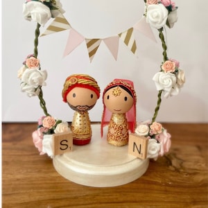 SORAYA Desi Personalised Kokeshi Peg Doll Wedding Cake Topper with arch-Pakistani/Indian/Muslim/Desi/Ethnic/Asian, Bride & Groom