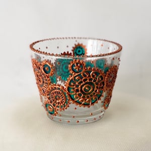 BANAZ Glass Candle Holder - Hand Painted Green & Copper