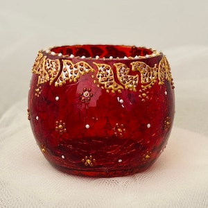 MAGGIE Glass Candle Holder - Hand Painted Pearl, Copper & Gold on Cracked Red glass.