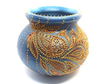 ARUBA Ceramic Vase - Large, Blue Peacock, Wedding decor, Eid decorations, Diwali - Hand Painted, ceramic, gold, copper
