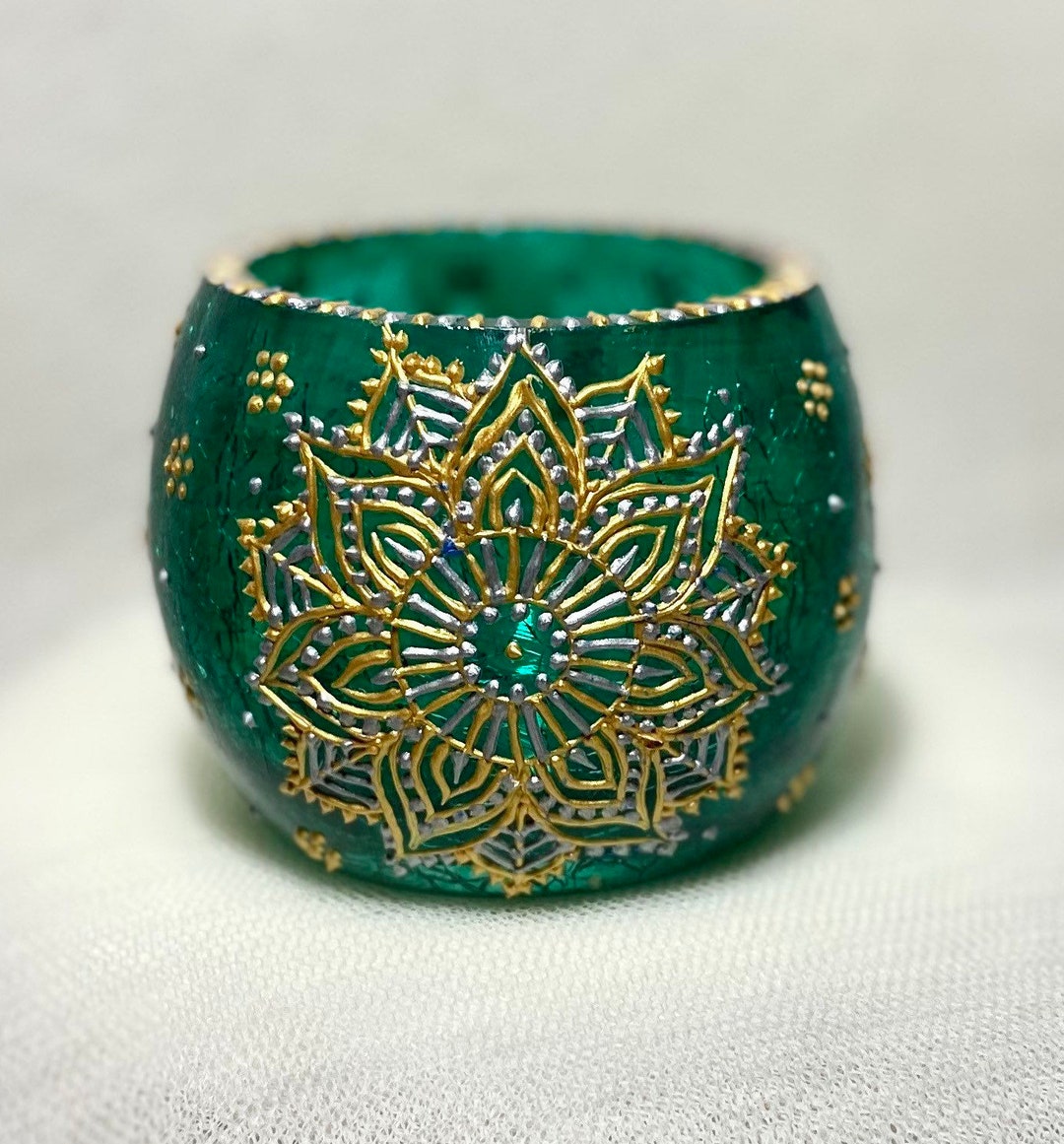ZARA Glass Candle Holder Hand Painted Green & Silver Candle Etsy