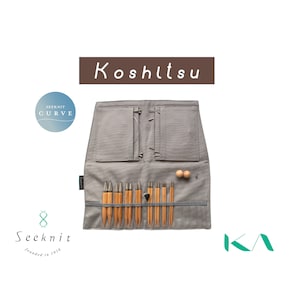 May include: A grey fabric knitting needle case with the word "Koshitsu" above it. The case is open, displaying several wooden knitting needles and accessories. The Seeknit Curve logo is visible on the left.