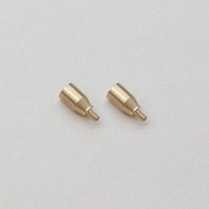 Pu&ograve; includere: Due piccoli componenti cilindrici in ottone, ciascuno caratterizzato da un corpo liscio e affusolato e da un perno filettato in metallo che sporge da un'estremit&agrave;. Questi elementi di fissaggio metallici presentano una finitura dorata lucida.
