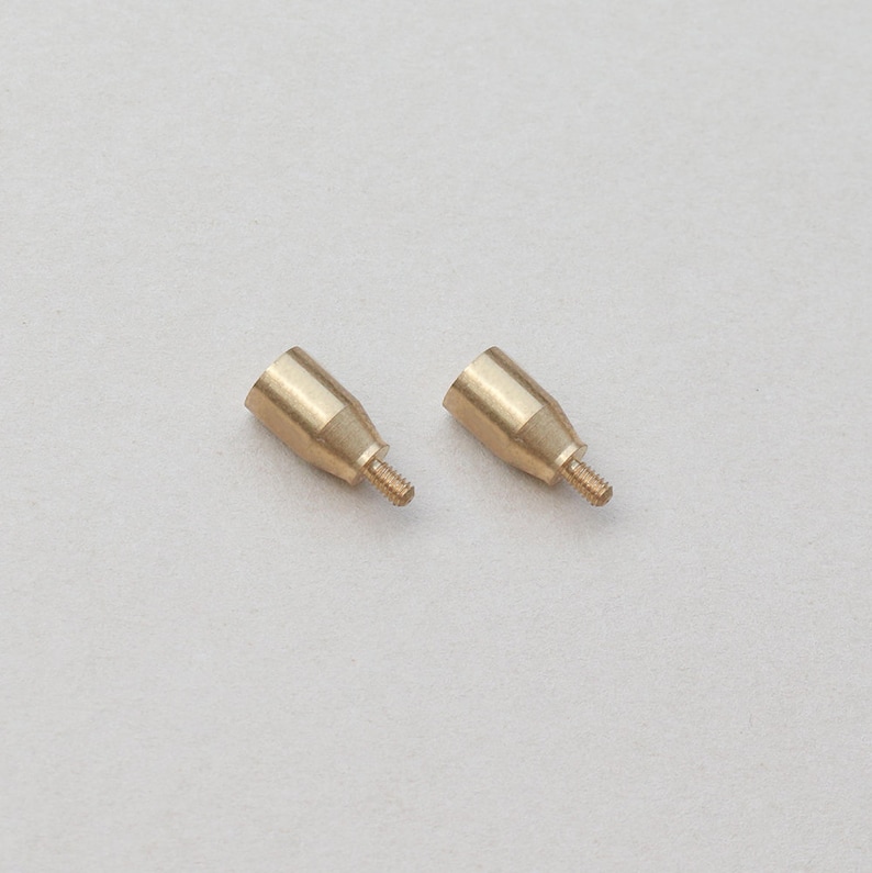 Pu&ograve; includere: Due piccoli componenti cilindrici in ottone, ciascuno caratterizzato da un corpo liscio e affusolato e da un perno filettato in metallo che sporge da un'estremit&agrave;. Questi elementi di fissaggio metallici presentano una finitura dorata lucida.