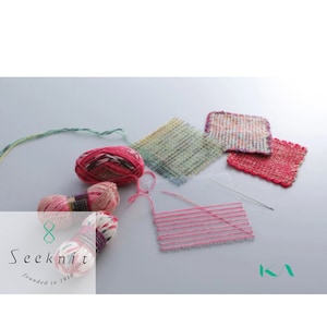 May include: A selection of knitting supplies, including balls of colourful yarn, woven fabric samples, and a needle. The yarn is in shades of pink, red, and white. The image also features the Seeknit logo and the text "founded in 1916".