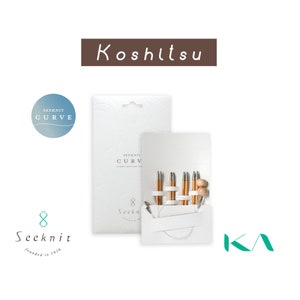May include: A white package of Seeknit Curve bamboo knitting needles with the text "Seeknit Curve" and "8 Seeknit". The package contains several gold and bamboo knitting needles. The Seeknit logo is in the lower left corner.