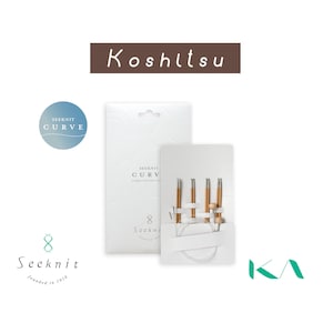 May include: A white package of Seeknit Curve knitting needles with a circular needle set. The needles are gold and silver. The package has the text "Seeknit Curve" and "8". The image also includes the Seeknit logo and the text "founded in 1916".