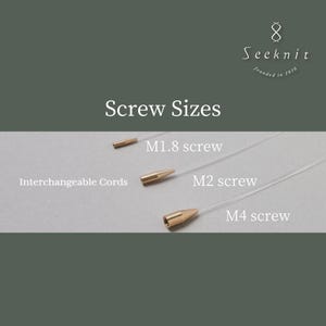 May include: Three interchangeable cords with metallic screw ends labeled M1.8 screw, M2 screw, and M4 screw. The Seeknit logo and the text Screw Sizes and Interchangeable Cords are visible on a dark green background above the cords.