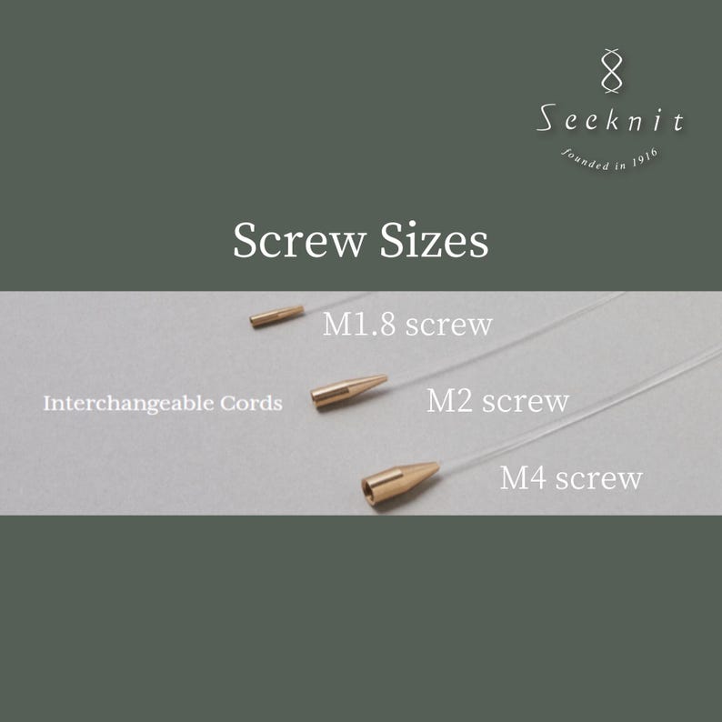 May include: Three interchangeable cords with metallic screw ends labeled M1.8 screw, M2 screw, and M4 screw. The Seeknit logo and the text Screw Sizes and Interchangeable Cords are visible on a dark green background above the cords.