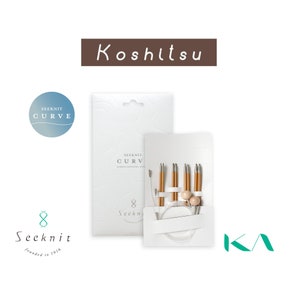May include: A set of Seeknit Curve bamboo knitting needles, presented in a white package. The needles have a natural bamboo colour with silver metal tips. The packaging includes the text "Seeknit Curve" and "Koshitsu".