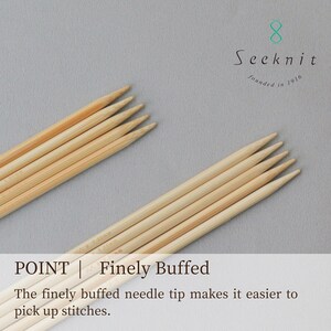 May include: A set of light brown bamboo knitting needles with tapered points. The needles feature the Seeknit logo and the text 'POINT | Finely Buffed' along with the description 'The finely buffed needle tip makes it easier to pick up stitches.'