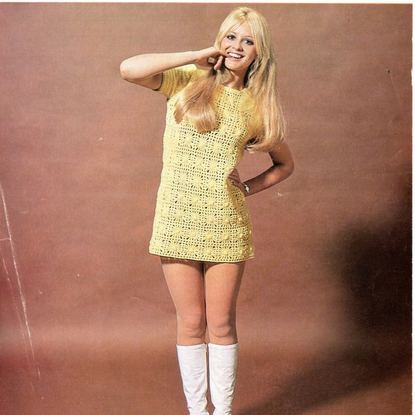 Crochet mini-dress, women's summer shift dress in an openwork pattern. Vintage 1960s crochet pattern.  Instant download PDF.