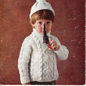 Child&#39;s aran cable jumper + hat set.  24-30 inch chest, in DK yarn. Classic vintage 1960s knitting pattern.  Digital download PDF.