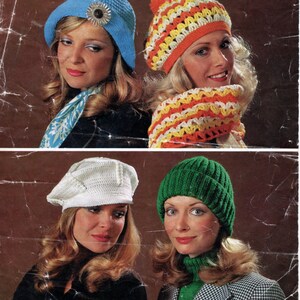 May include: Four women are wearing different crocheted hats. The hats are in various colors, including blue, white, green, and orange. The hats are all crocheted in a variety of stitches.