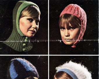 Stylish 1960s headwear to knit for women - hat, hood, cap + helmet, in DK + chunky yarn. Vintage knitting pattern.  Instant download PDF.