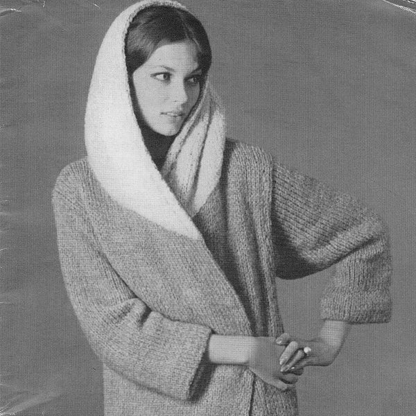 Women's coat, simple chic style with hood.  Chunky/bulky yarn, 32-38 inch chest.  Vintage 1960s knitting pattern.  Instant download PDF.